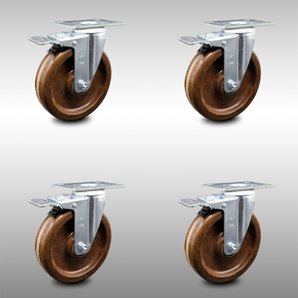 5 Inch SS High Temp Phenolic Top Plate Caster Set Total Lock Brake SCC